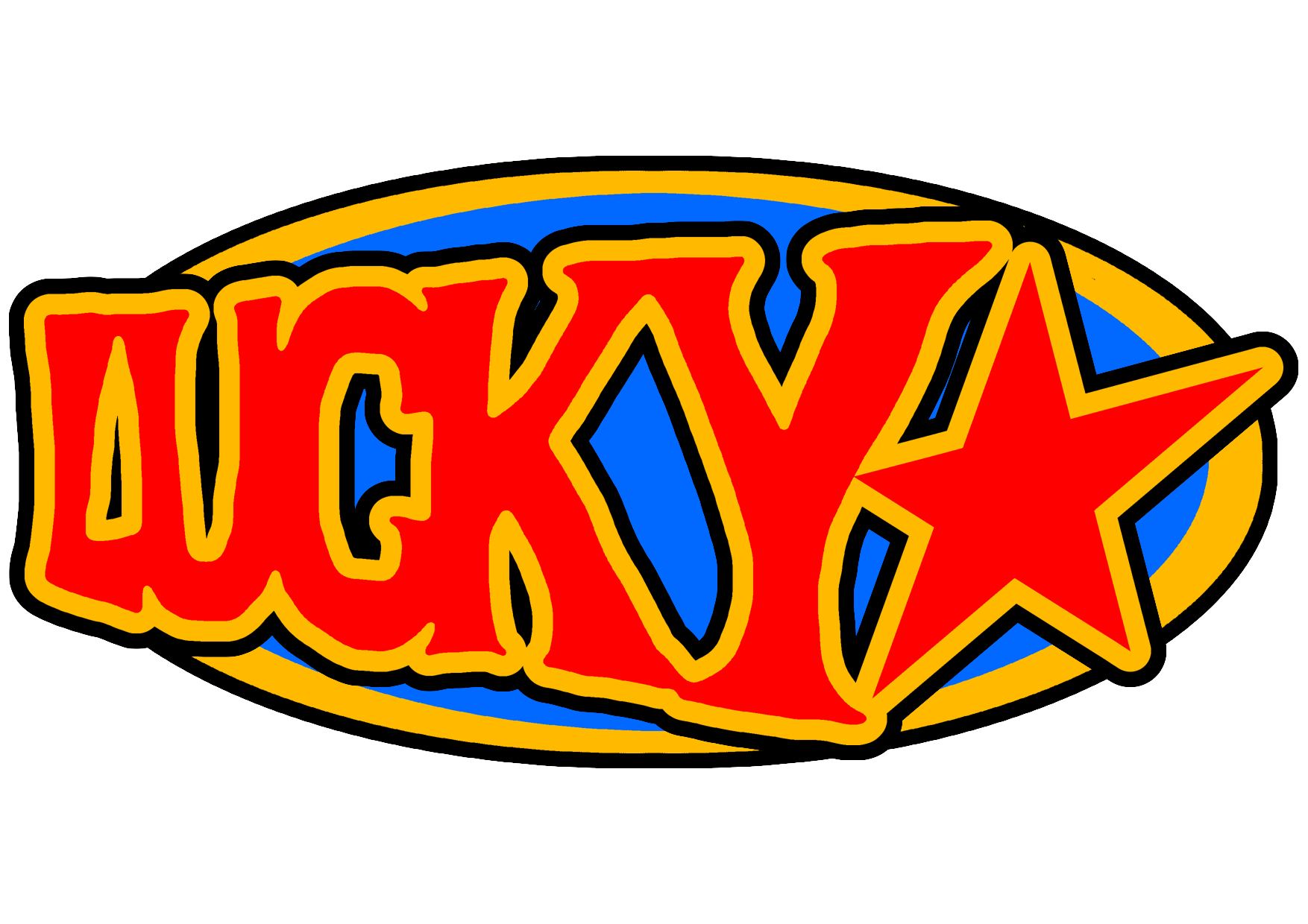 Website logo, leads to home page. An oval with the word "Lucky" within it, alongside a star.